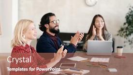  Presentation with intercultural - Slide deck with three-happy-intercultural-professionals-clapping background and a coral colored foreground
