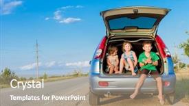  Presentation with kids travel - Presentation design featuring three happy kids in car background and a coral colored foreground