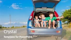  Presentation with kids travel - Cool new PPT theme with three happy kids in car backdrop and a gray colored foreground