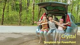  Presentation with kids travel - Theme featuring human people - three happy kids in car background and a coral colored foreground
