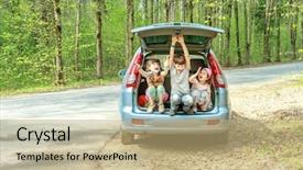  Presentation with kids travel - Cool new PPT theme with three happy kids in car backdrop and a coral colored foreground