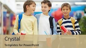  Presentation with backpacks - Cool new presentation design with three happy schoolboys with backpacks backdrop and a coral colored foreground