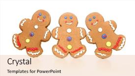  Presentation with white figure graphics - Cool new PPT theme with three happy smiling gingerbread figures backdrop and a  colored foreground
