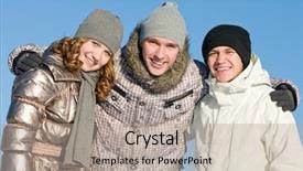  Presentation with young happy people smiling - PPT theme with three happy smiling young people embracing each other in winter outdoors over blue sky background and a coral colored foreground