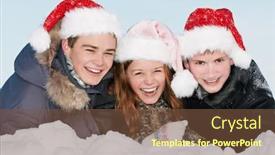  Presentation with young happy people smiling - Cool new PPT theme with three happy smiling young people lying in snowdrift at winter outdoors over blue sky backdrop and a tawny brown colored foreground