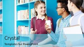  Presentation with coffee talk - Slide set consisting of three happy students with books background and a  colored foreground