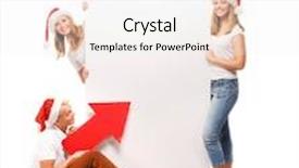  Presentation with red banner - Amazing presentation design having three happy teenagers in christmas hats pointing on a large blank banner with a red arrow backdrop and a white colored foreground