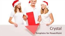  Presentation with red banner - Slides with three happy teenagers in christmas hats pointing on a large blank banner with a red arrow background and a lemonade colored foreground