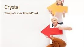  Presentation with red banner - Beautiful slides featuring three happy teenagers in christmas hats pointing on a large blank banner with a red arrow backdrop and a lemonade colored foreground