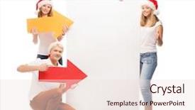  Presentation with red banner - Audience pleasing PPT layouts consisting of three happy teenagers in christmas hats pointing on a large blank banner with a red arrow backdrop and a lemonade colored foreground