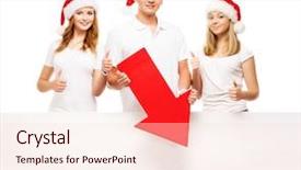  Presentation with red banner - PPT layouts with three happy teenagers in christmas hats pointing on a large blank banner with a red arrow background and a lemonade colored foreground