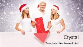  Presentation with red banner - Amazing PPT theme having three happy teenagers in christmas hats pointing on a large blank banner with a red arrow over the christmas background with the snowflakes backdrop and a lemonade colored foreground