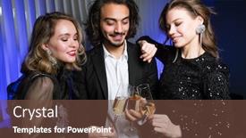  Presentation with flutes - Audience pleasing PPT theme consisting of three-happy-well-dressed-friends backdrop and a tawny brown colored foreground