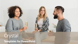  Presentation with flutes - Presentation theme with three happy young friends with flutes of champagne making toast for holiday while enjoying home party in the kitchen background and a coral colored foreground