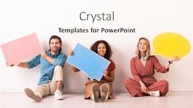  Presentation with millennials - PPT theme having three-happy-young-intercultural-millennials background and a cream colored foreground