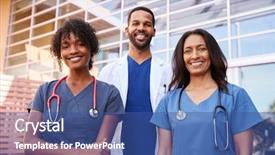  Presentation with healthcare - Colorful slides enhanced with three healthcare colleagues standing outside backdrop and a ocean colored foreground