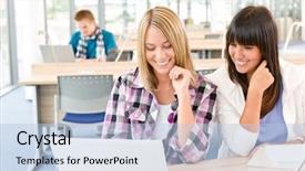  Presentation with high school students - Cool new PPT theme with three-high-school-students backdrop and a light blue colored foreground