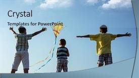 Presentation with children running - Slide deck having three horizon - children running kite on meadow background and a light blue colored foreground