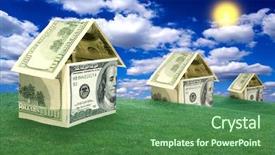  Presentation with three - Colorful theme enhanced with three houses on a lawn backdrop and a ocean colored foreground