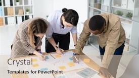  Presentation with intercultural - Slide set featuring three-intercultural-colleagues-with-highlighters background and a soft green colored foreground