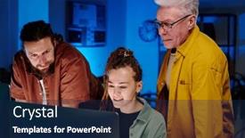  Presentation with data meeting - Presentation design with three-it-engineers-looking background and a navy blue colored foreground