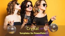  Presentation with disco balls - Theme enhanced with three-joyful-charming-young-women background and a tawny brown colored foreground