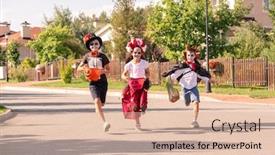  Presentation with muslim kids halloween - PPT theme featuring three-joyful-kids-in-halloween background and a lemonade colored foreground