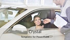  Presentation with female mechanic - Audience pleasing slides consisting of three keys - smiling female customer receiving car backdrop and a light gray colored foreground