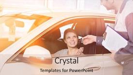  Presentation with female mechanic - Cool new PPT layouts with three keys - smiling female customer receiving car backdrop and a coral colored foreground