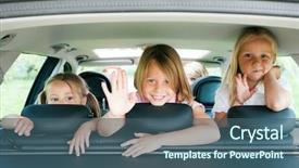  Presentation with three king - Amazing PPT theme having three kids in a car backdrop and a ocean colored foreground