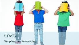 Presentation with kids sleep children books - Colorful slide deck enhanced with three kids standing with books backdrop and a light blue colored foreground