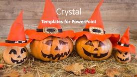  Presentation with old crumpled paper violence against women - Cool new slide deck with three large pumpkins in witch hats against the background of an old wooden wall backdrop and a coral colored foreground