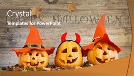  Presentation with old crumpled paper violence against women - Cool new presentation theme with three large pumpkins in witch hats against the background of an old wooden wall backdrop and a coral colored foreground