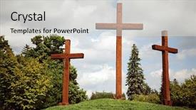  Presentation with hill - Amazing PPT layouts having three large wooden crosses backdrop and a light gray colored foreground