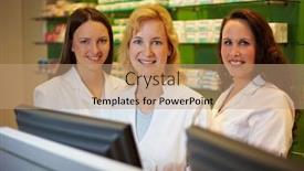  Presentation with pharmacy - Beautiful PPT layouts featuring three-laughing-pharmacists-are-standing backdrop and a coral colored foreground