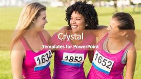  Presentation with breast cancer - Beautiful theme featuring three-laughing-runners-supporting-breast backdrop and a coral colored foreground