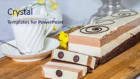 Presentation with tea cake - Colorful PPT theme enhanced with three-layer chocolate cake decorated with chocolate patterns beautiful cake three-colate background - white vase with flowers and porcelain cup with hot tea professional bakery backdrop and a lemonade colored foreground