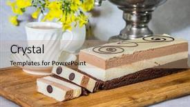  Presentation with tea cake - Cool new presentation design with three-layer chocolate cake decorated with chocolate patterns cake three-colate background - white vase with flowers and porcelain cup with hot tea professional bakery backdrop and a coral colored foreground