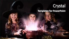  Presentation with witches - Colorful PPT layouts enhanced with three little halloween witches reading spell above pot backdrop and a black colored foreground