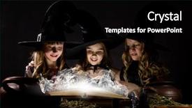  Presentation with witches - Presentation theme having three little halloween witches reading spell above pot background and a black colored foreground