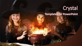  Presentation with witches - Audience pleasing PPT layouts consisting of three little halloween witches reading spell above pot backdrop and a wine colored foreground