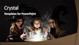  Presentation with witches - Colorful theme enhanced with three little halloween witches reading spell above pot backdrop and a black colored foreground