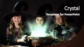  Presentation with witches - Colorful presentation enhanced with three little halloween witches reading spell above pot backdrop and a black colored foreground