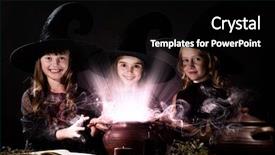  Presentation with witches - PPT layouts enhanced with three little halloween witches reading spell above pot background and a black colored foreground