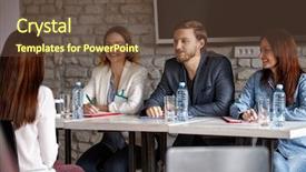  Presentation with minority candidate for job position - Colorful theme enhanced with three members commission talking backdrop and a tawny brown colored foreground