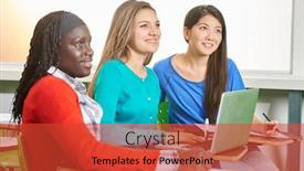  Presentation with multicultural - Audience pleasing PPT theme consisting of three-multicultural-girls-sit backdrop and a red colored foreground