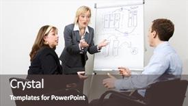  Presentation with flip chart - Theme with three office workers a woman giving a presentation on a flip chart trying to convince the others background and a dark gray colored foreground