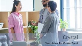  Presentation with discussion - Slides consisting of three office workers having discussion of new methods of work background and a light blue colored foreground