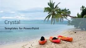  Presentation with island resort - Slide deck with three-orange-kayaks-sit background and a light blue colored foreground