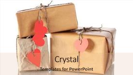  Presentation with labels - Audience pleasing slide deck consisting of three parcels with blank heart-shaped labels isolated on white backdrop and a coral colored foreground
